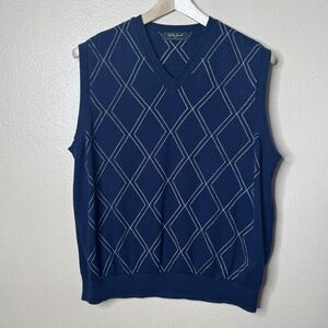 Bobby Jones Sweater Vest Mens XL Navy argyle Silk Cashmere Cable V-neck Golf